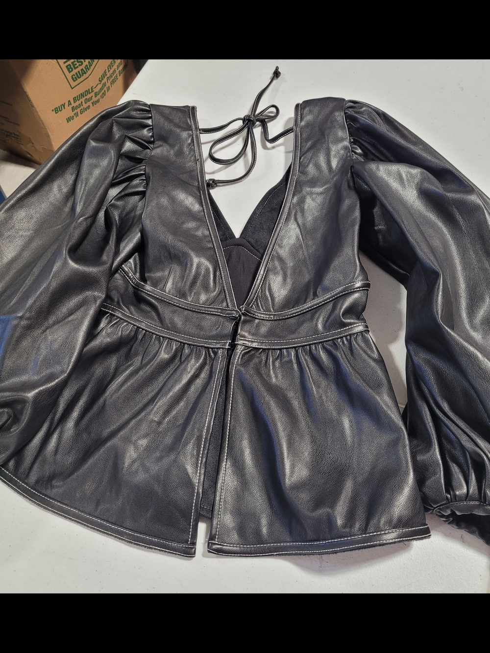 Olivaceous Black Faux Leather Puff-Sleeve Peplum Top - Picture 3 of 3